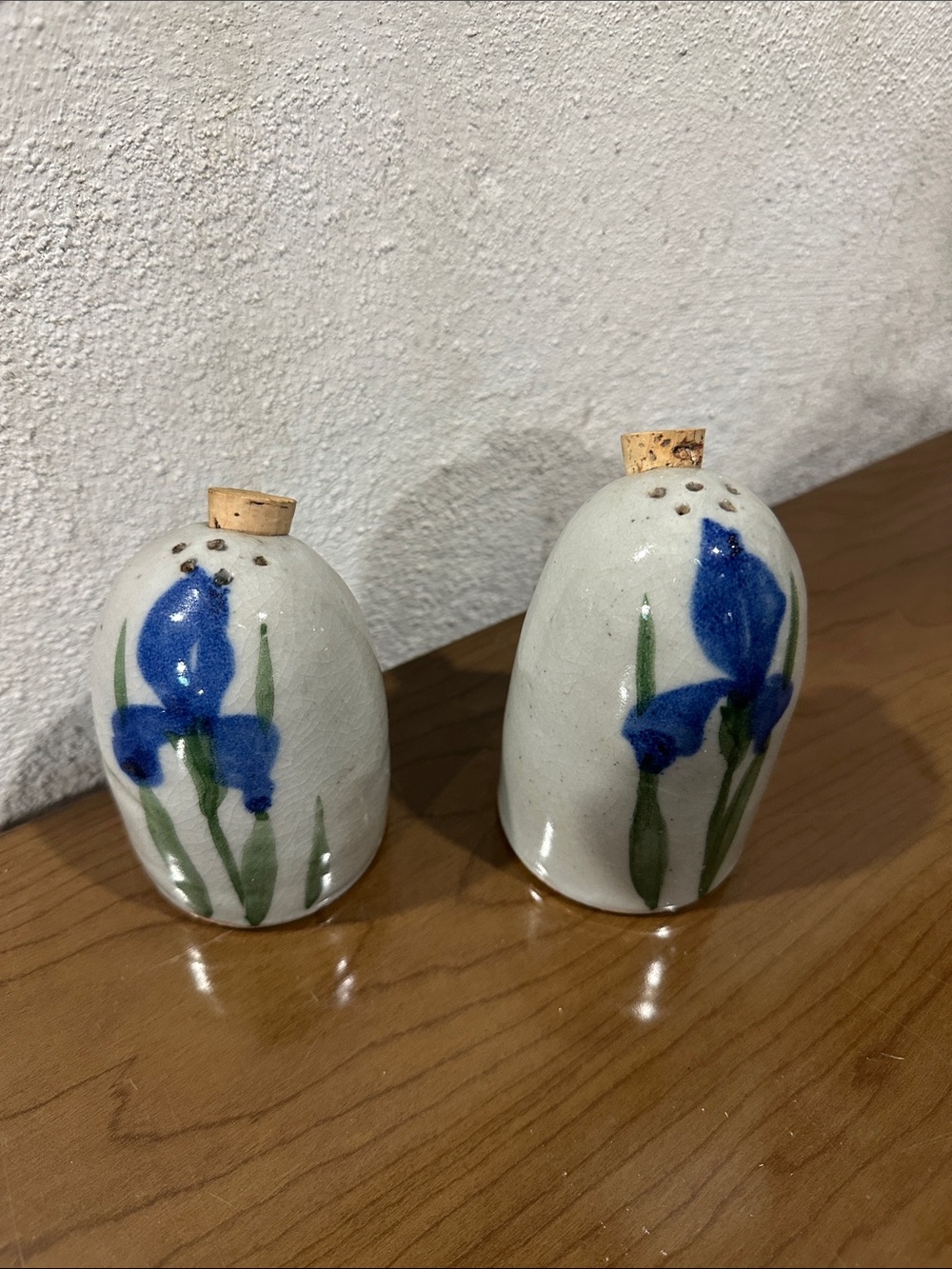 Vintage Lark Ceramics Hand-Painted Blue Iris Salt & Pepper Shaker Set - Signed